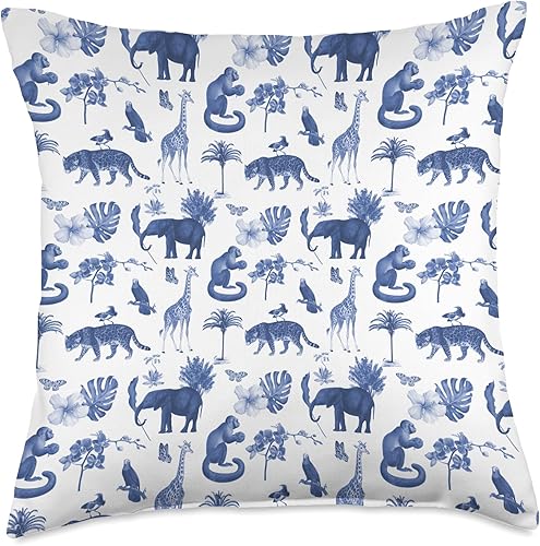 Blue Jungle Toile - Almohada con estampado de leopardo, mono, palmeras, 18 x 18 pulgadas, multicolor