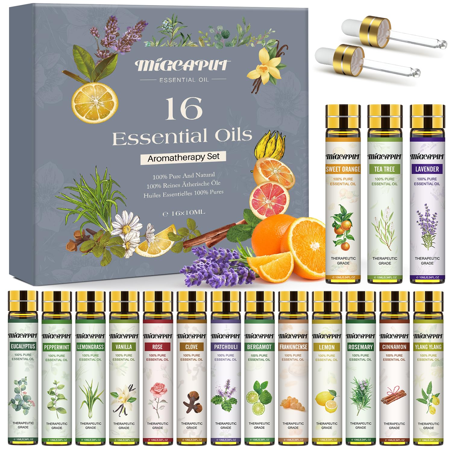 Migcaput Ätherische Öle Set 16X10ml, Naturrein Essential Oils, Aromatherapie Duftöle für Diffuser Luftbefeuchter Kerzen Seifen - Weihrauch, Teebaum, Zitronengras, Pfefferminze, Gewürznelke
