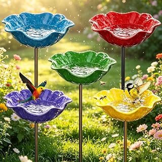 Vogeltränke Stehend,5 Stück Wassertränke für Vögel,Vogeltränke Blume,Blumen Gartenstecker,Insektentränke Garten,Bienentränke Metall,Blumenform Fütterungsschale,für Wildvögel Frostfest,Garten