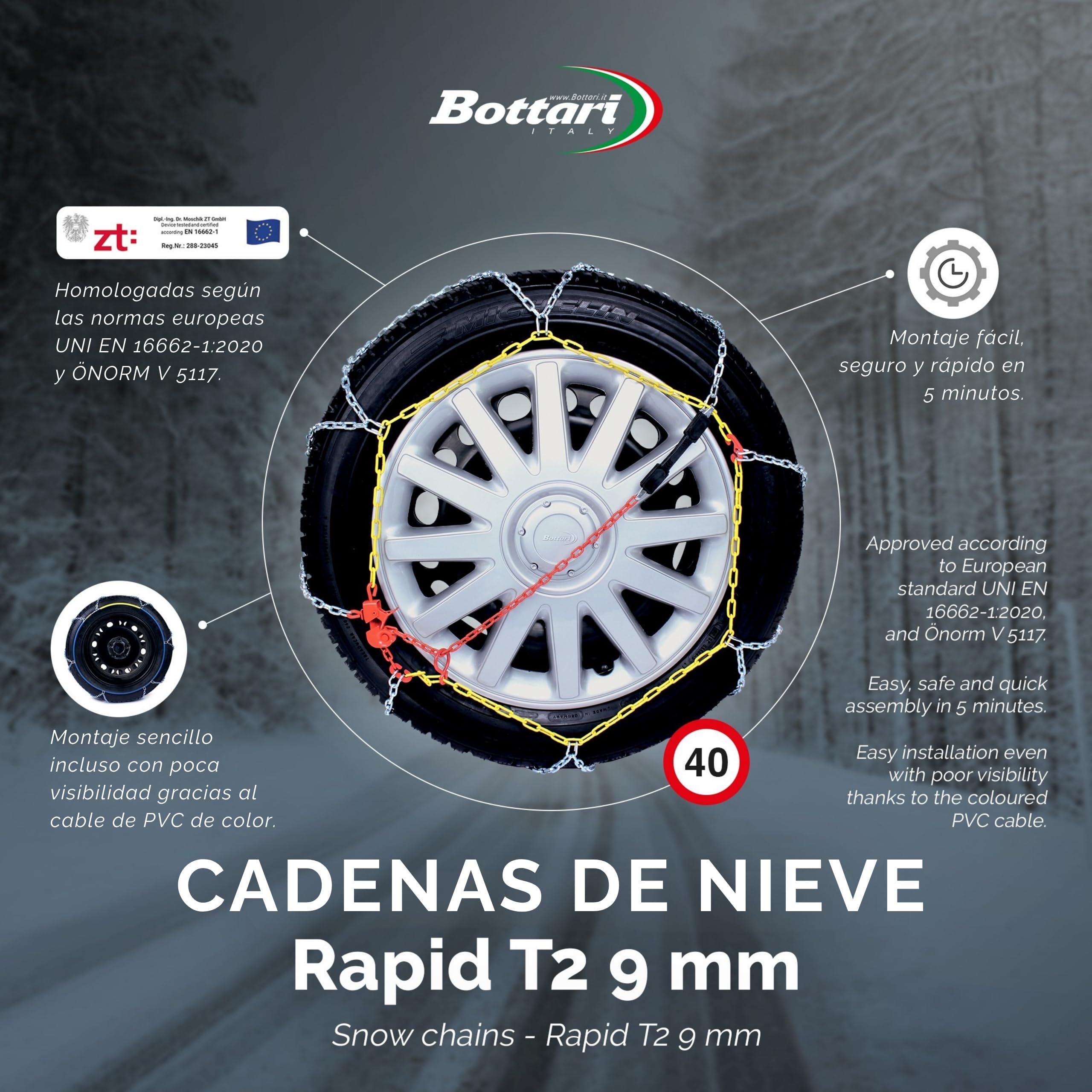 Bottari 18835 "Rapid T2" : Cadenas de nieve 9 mm para coches, Talla 140, TÜV Süd y ÖNORM V5117