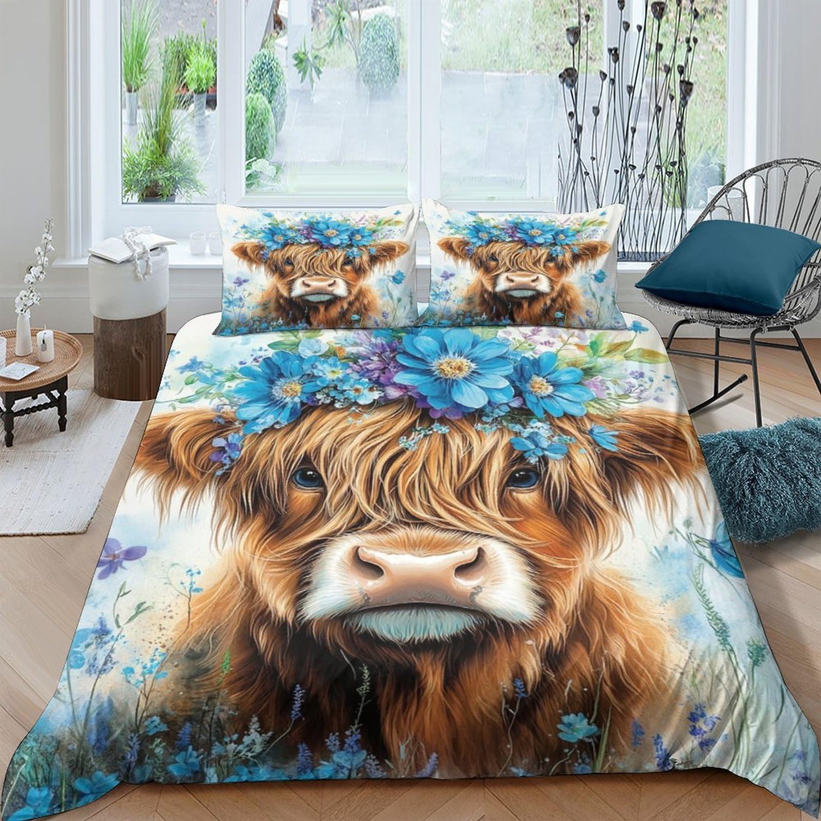 GPLZQXKJNH 3D Printed Highland Cow Duvet Cover Set Microfiber Soft Breathable Floral Bedding Set with 2 Pillowcases for Bedroom Decor Single（135x200cm）