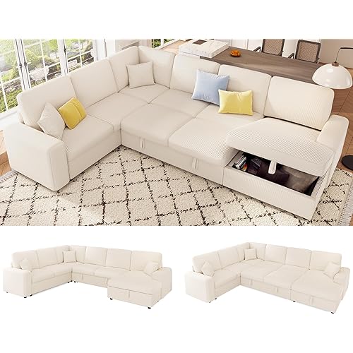 VanAcc 130" Sofa Bed, Sectional Sleeper Sofa with Pull Out Bed, Sleeper Couch with Storage, 6 Seater Couch for Living Room, Corduroy Beige