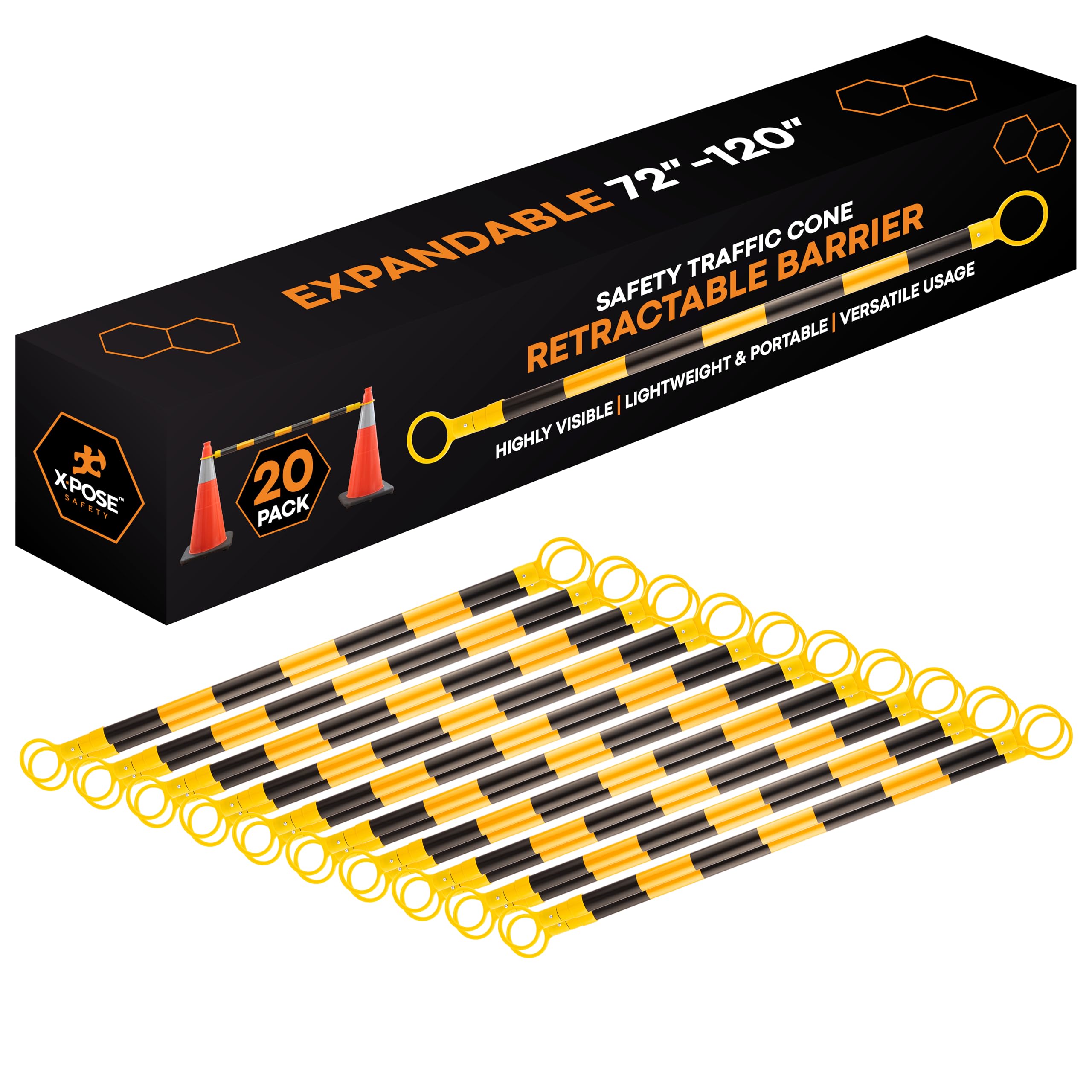 Xpose Safety Reflective Retractable Barrier for Traffic Cones – 20 Pack, Yellow/Black, Expandable 72″–120″ for Construction, Parking & Crowd Control