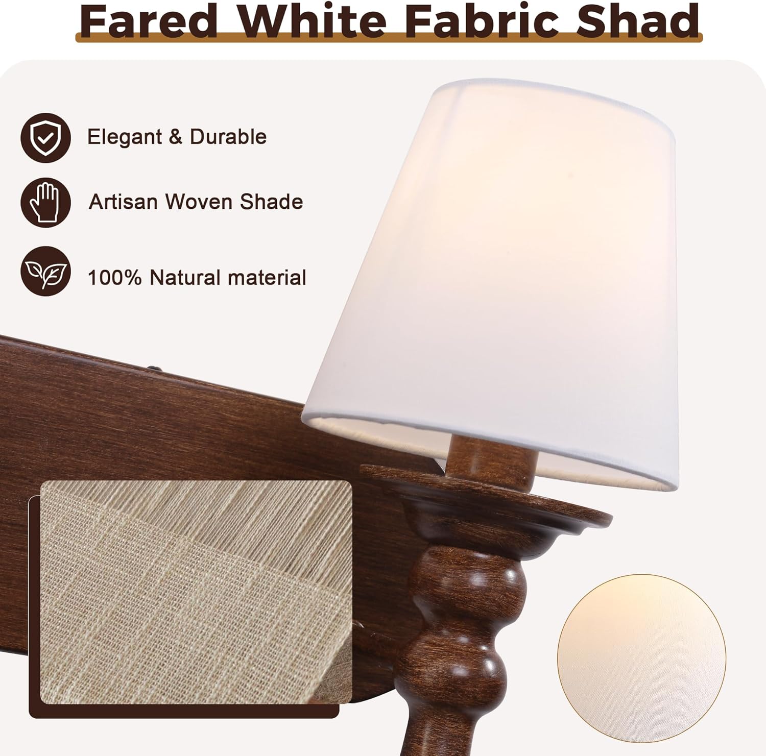 Wall Sconces Set of Two, Farmhouse Sconces Wall Decor with Wood Grain Finish and Fabric Shades, Bedside Wall Lamps for Bedroom Living Room Hallway Front Porch Decor