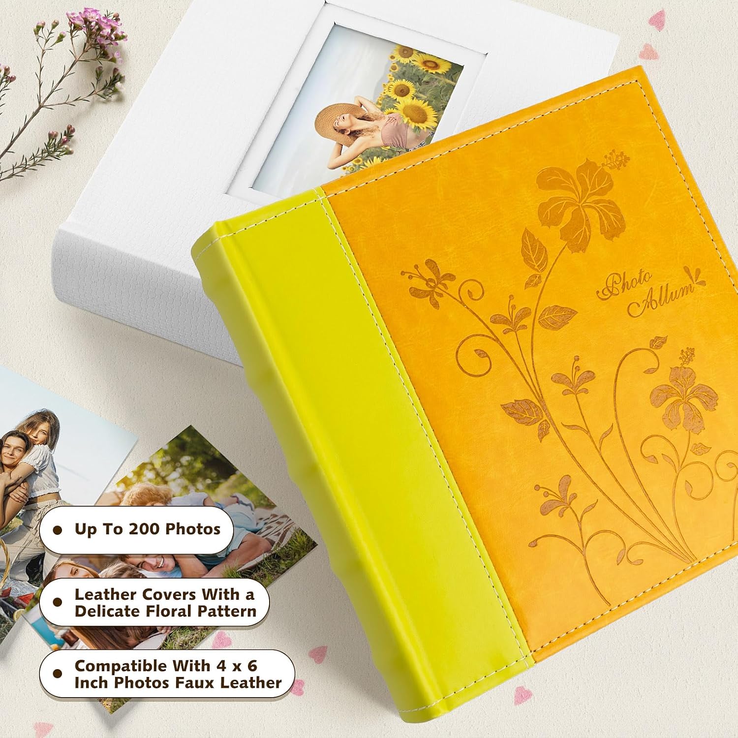 Golden State Art, Photo Album with Memo Writing Space hold 200 4x6 Horizontal Pictures, Leather Vintage Cover (Orange & Light Yellow, 12-Pack)