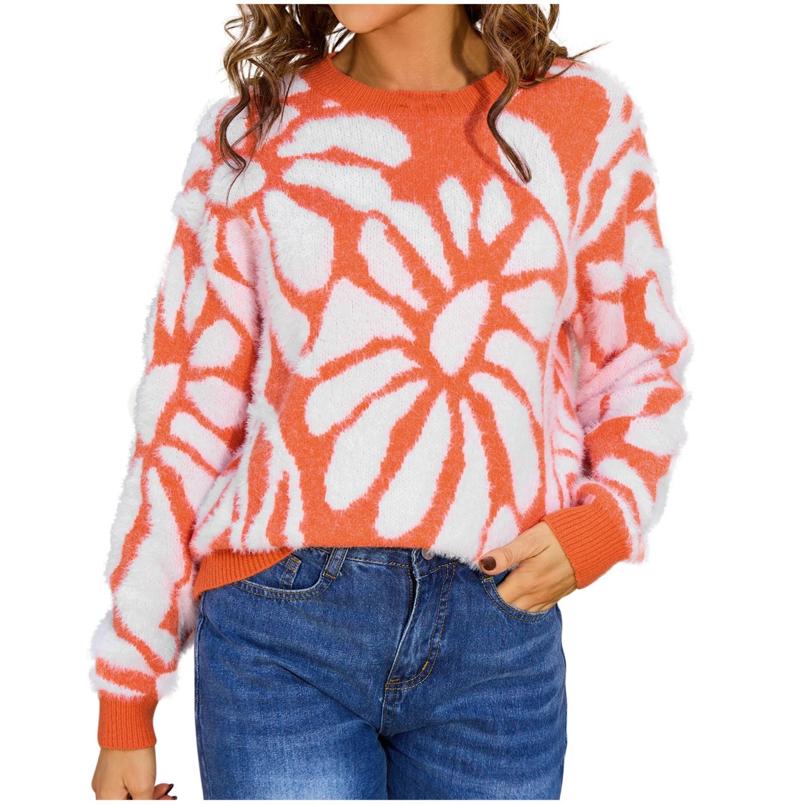 Cozy Sweaters for Women Trendy Floral Print Knitted Outfits Fall Cozy Oversized Crewneck Lightweight Pullover Tops