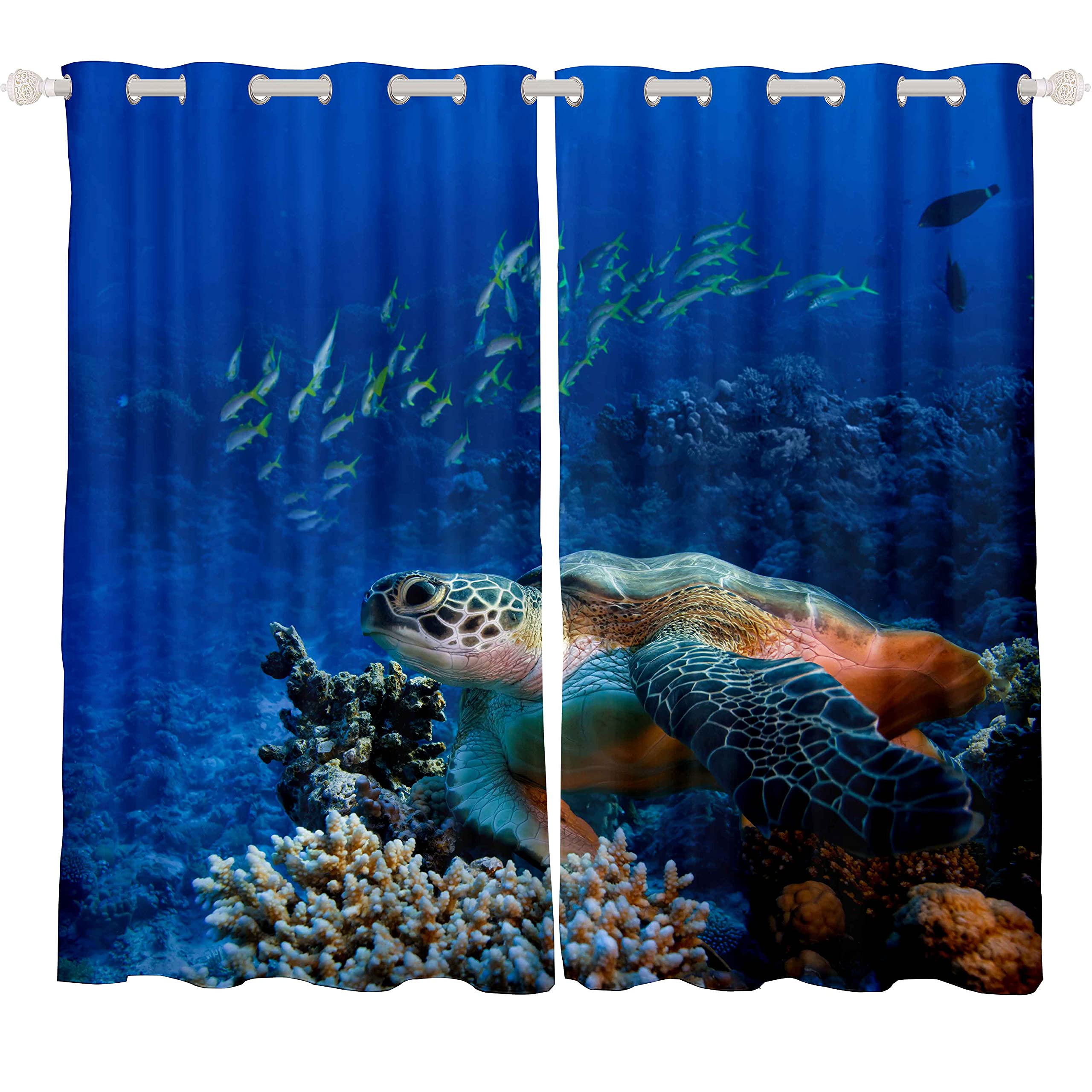 Loussiesd Sea Turtle Drapes for Kids Boys Girls Teens Tortoise Reptile Ocean Marine Underwater Animal Window Curtains Blue Breathable Window Curtains W46*L54 - Image 2