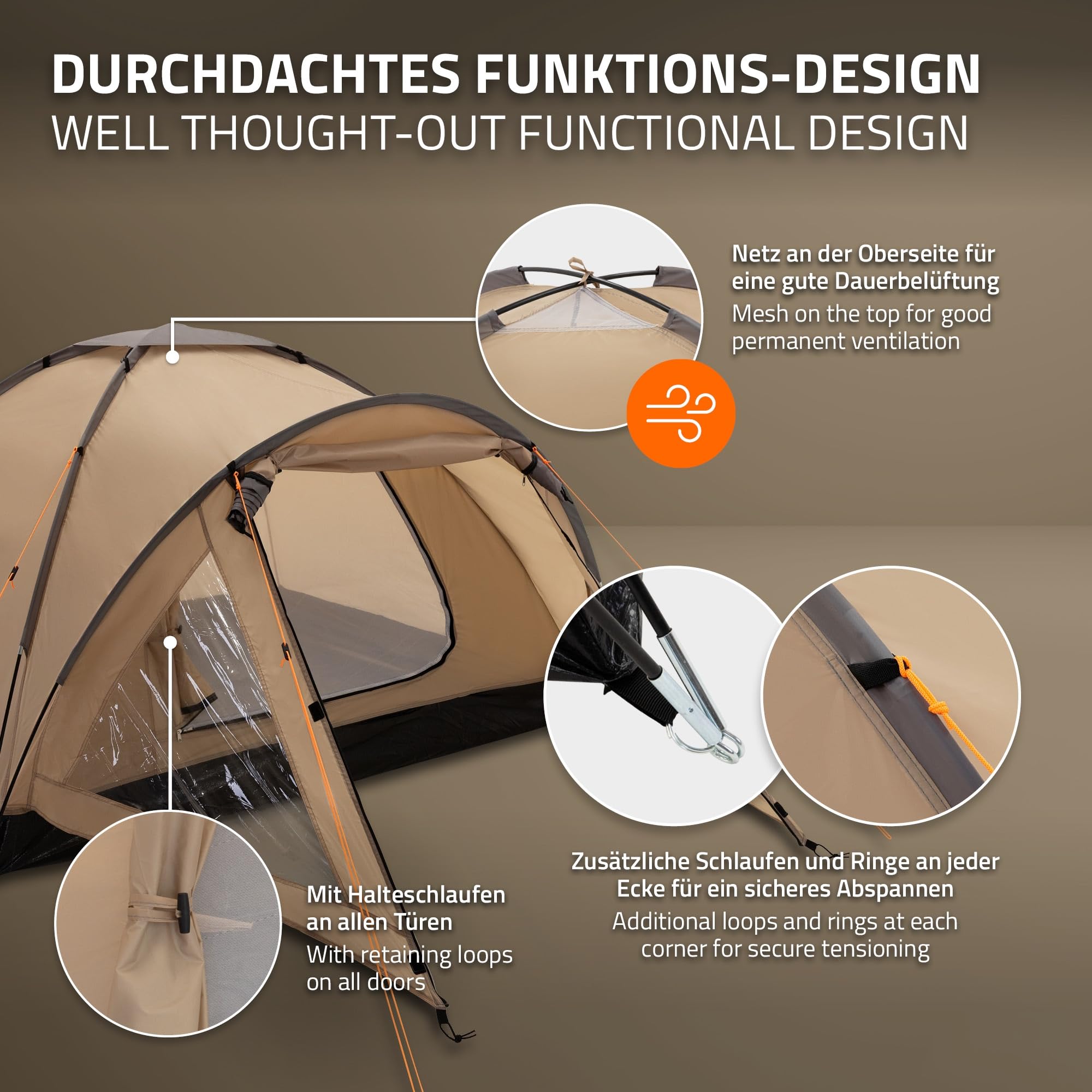 ECD Germany Tenda da Campeggio per 3 Persone 210x180x120 cm Cachi/Beige-Grigio Tenda per Famiglie Leggera Impermeabile e Antivento Vestibolo Chiudibile a Chiave Igloo con Cappucci di Ventilazione
