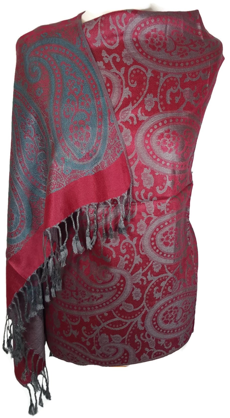 World of Shawls Ladies Floral Paisley Bordered Pashmina Feel Shawl Scarf Wrap Stole Luxuriously Warm Soft and Silky Touch (Maroon/Teal Green)