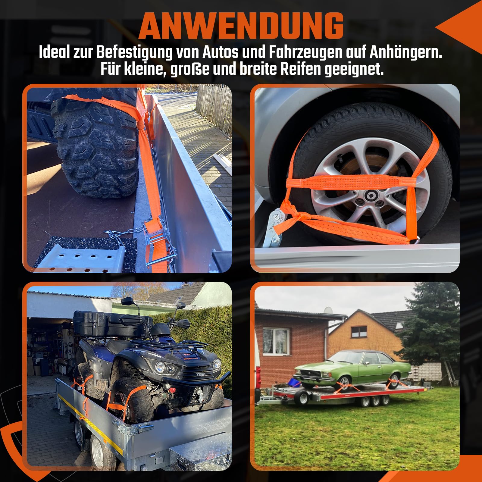 GEARMONSTER 4-częściowy pas mocujący do transportu samochodu, pas zabezpieczający koła, pas mocujący z haczykiem, 3 m, 35 mm