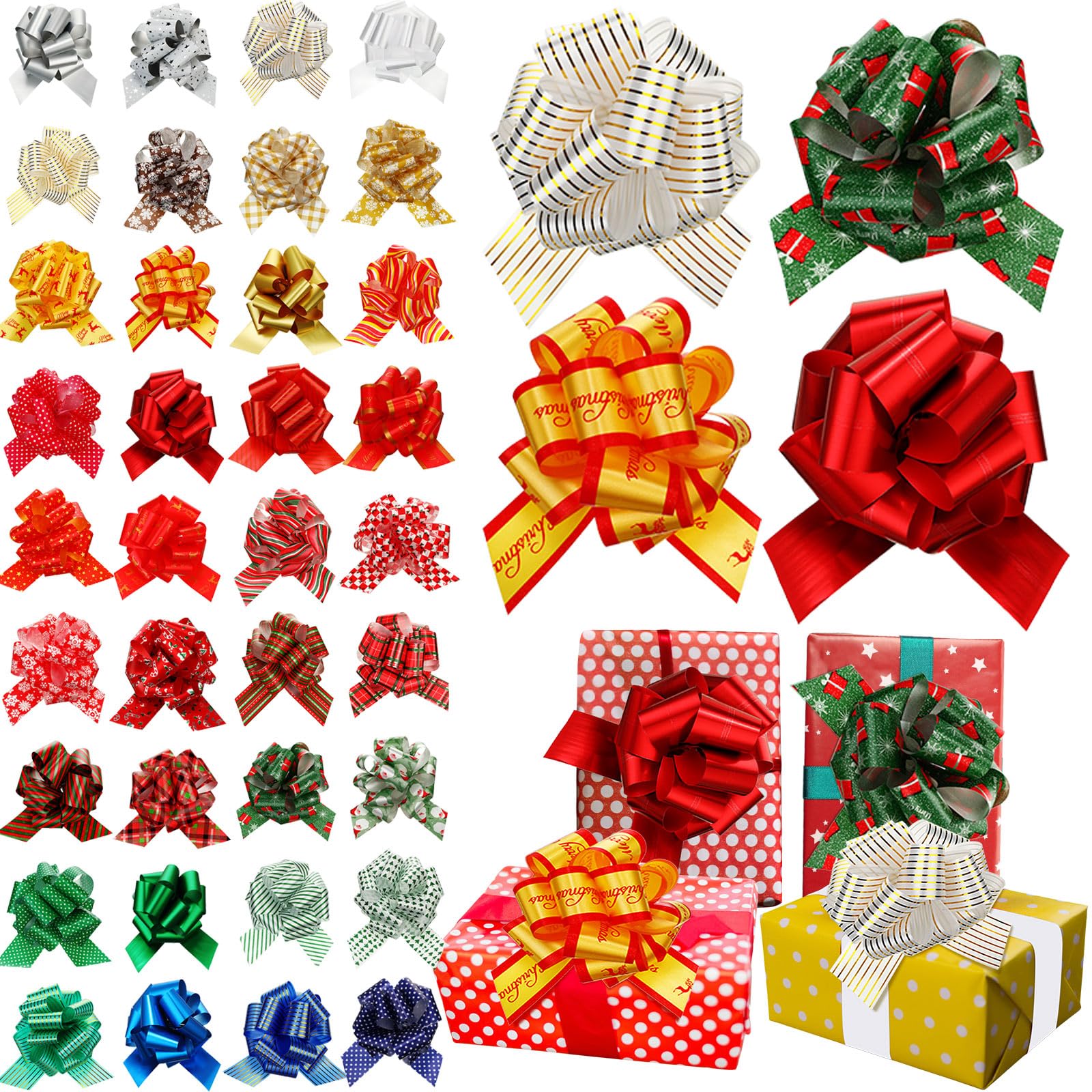 Syhood Lot de 108 nœuds à tirer avec ruban - Différents motifs - Accessoire d'emballage cadeau pour cadeaux de Noël, paniers, bouteilles de vin, décorations de Noël, mariage