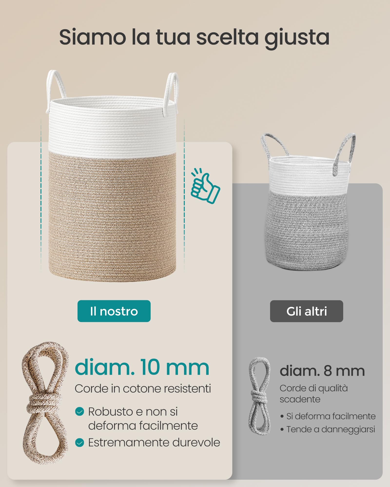 SONGMICS Cesto Portabiancheria, Cesto Biancheria Sporca per Bambini, Corda di Cotone con Manici, per Coperte, Porta Peluche, Camera da Letto, Cameretta, 80 L, Bianco e Marrone Grigiastro RLH062LZ01