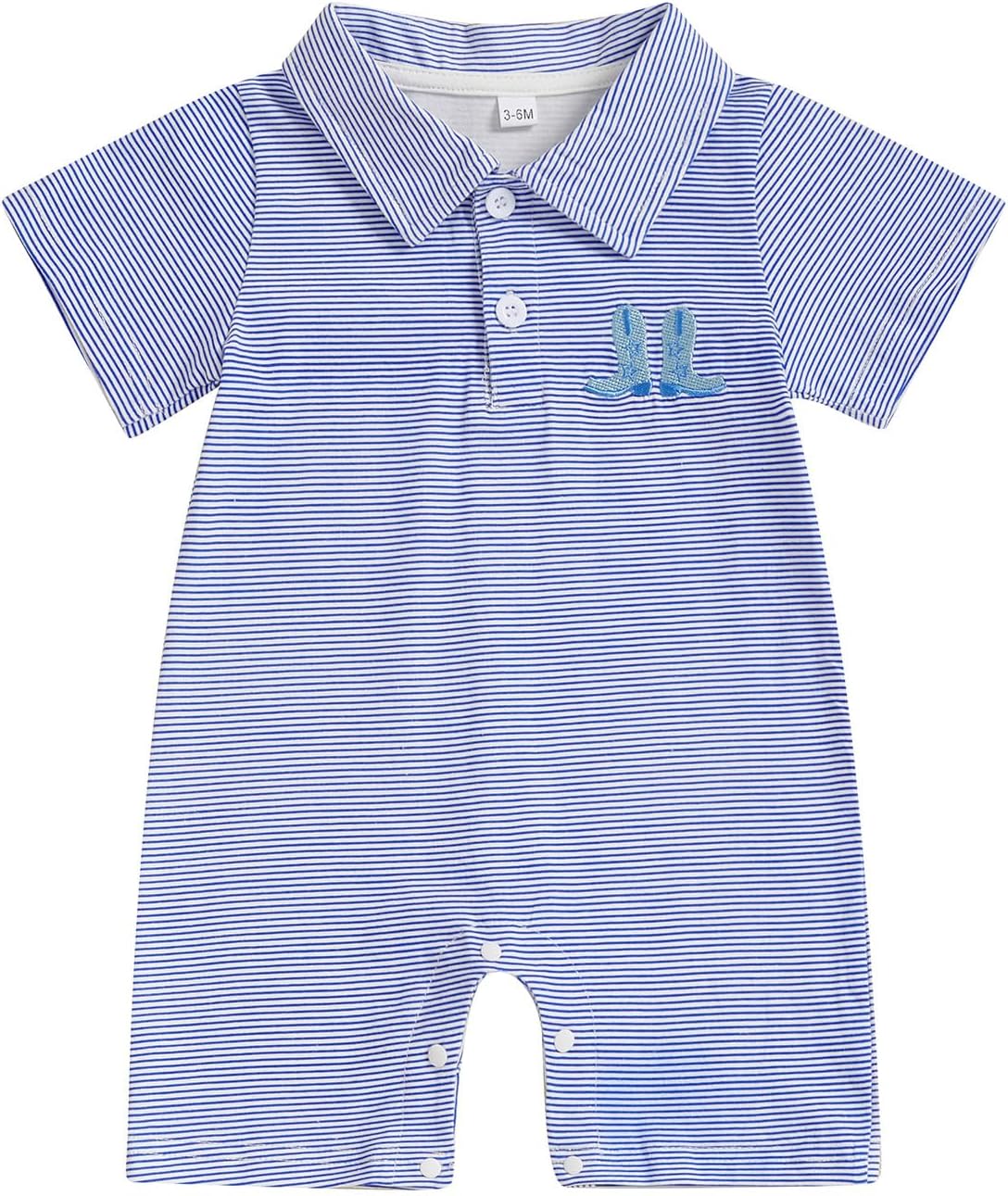 Country Baby Boy Outfit Newborn Western Romper Cowboy Boots Embroidery Striped Collared Bodysuit Infant Clothes