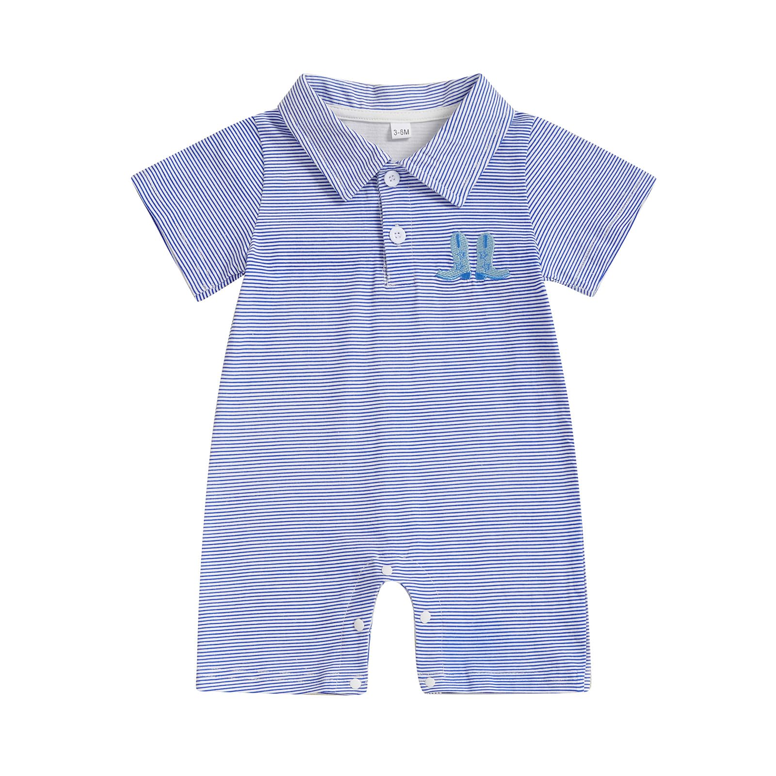 Gueuusu Country Baby Boy Outfit Newborn Western Romper Cowboy Boots Embroidery Striped Collared Bodysuit Infant Summer Clothes (Blue, 3-6 Months)