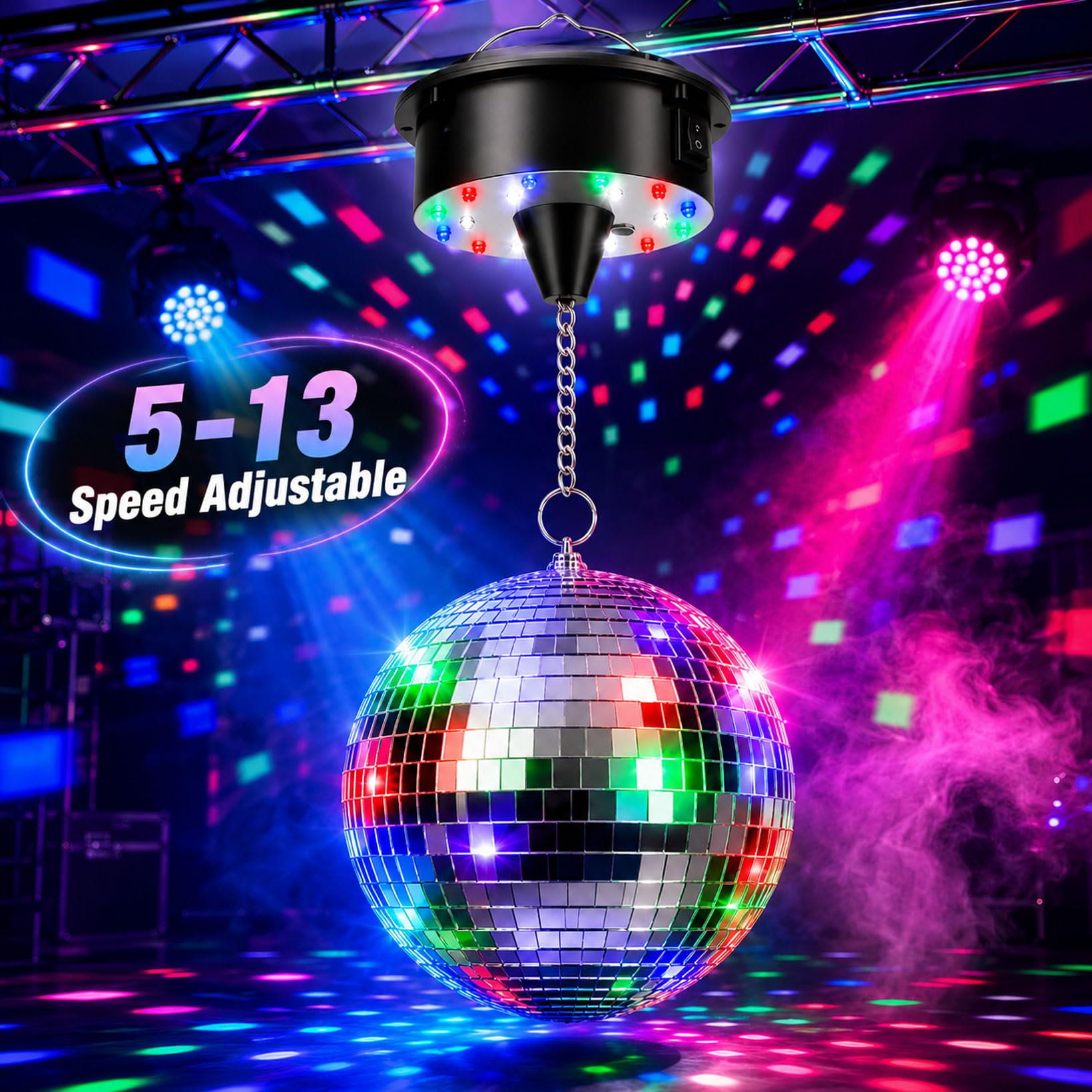 Discokugel mit Motor und Licht, Spiegelkugel mit Rotierender Motor und Fernbedienung mit 6 Tasten, 15cm Discokugel mit 4 Bunten Lichtern-18 LED-Perlen für Party-Dekoration Band Bar
