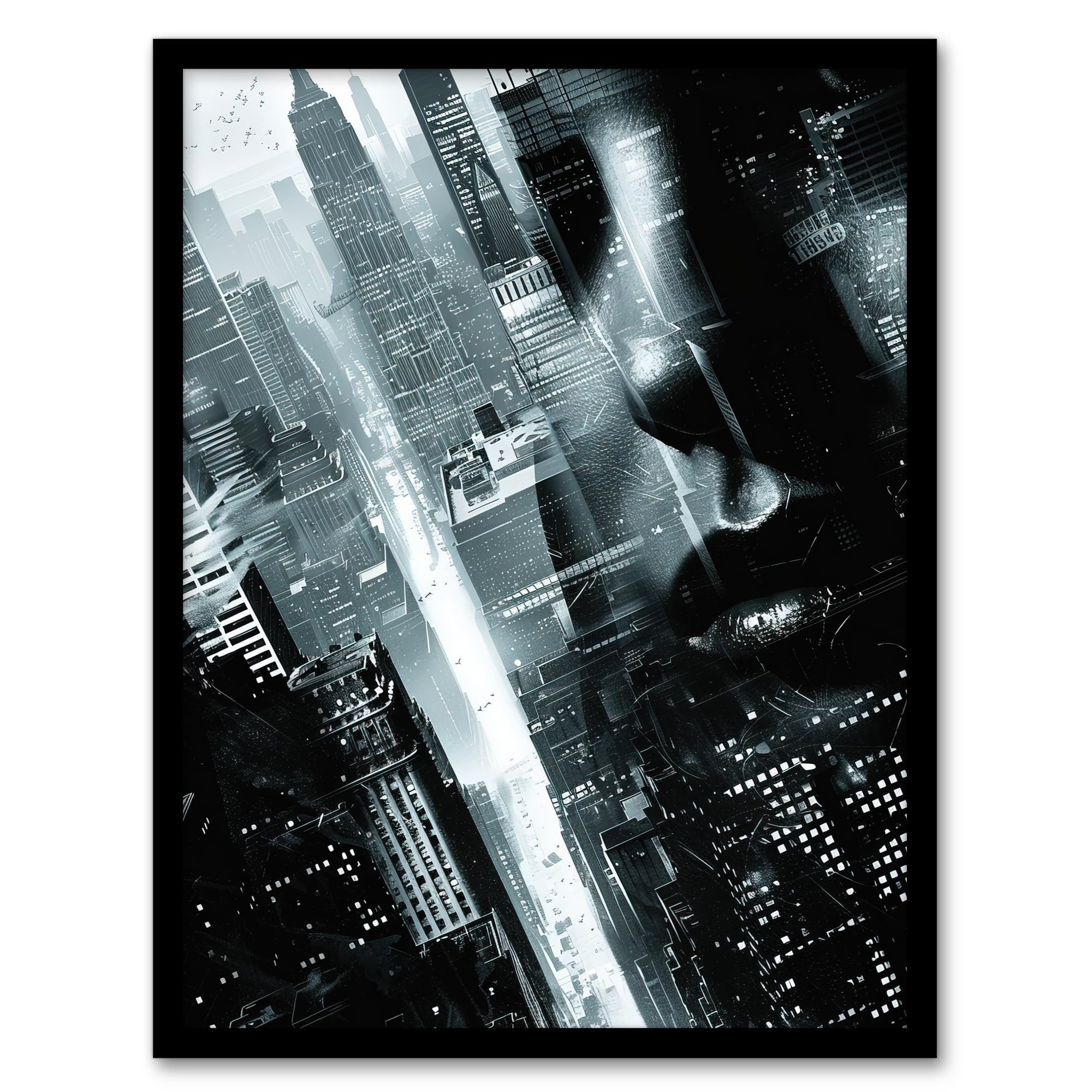 Film Noir Metropolis View Black White Cityscape Framed Art Print - Artery8 - A4 Size