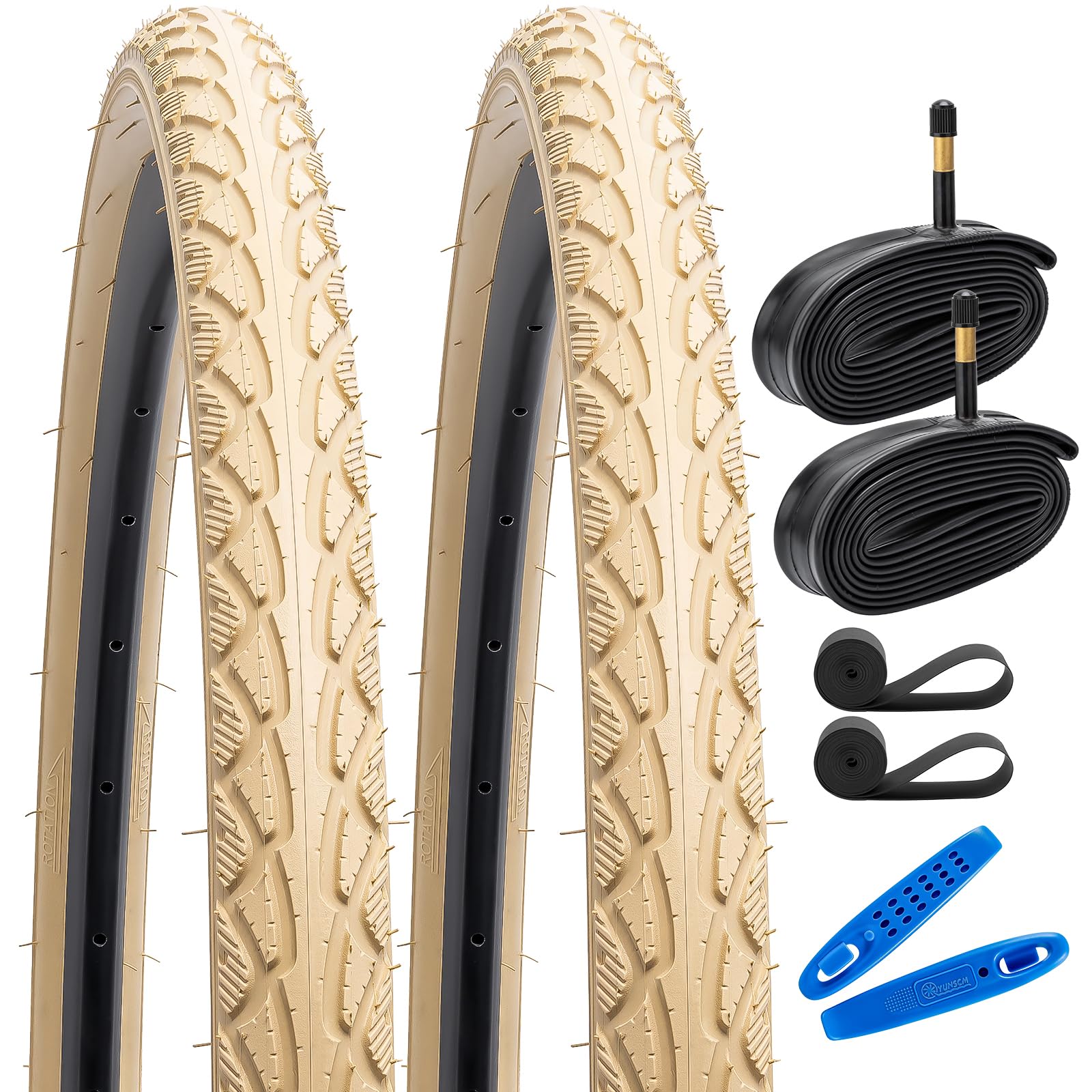 YUNSCM 2-PCS 700C Strada Bicicletta Pneumatici 700x38C/40-622 (Beige) and 700C Bicicletta Camera d'aria Schrader Valve with Compatible with Bike 700x36-40C Bike Pneumatici and Camera d'aria (Y-1045)