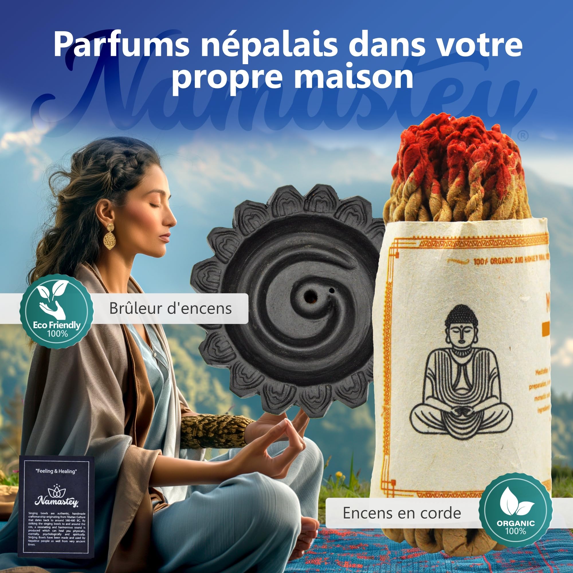 Bol Tibétain – Bol Chantant Ø10 cm Martelé à la Main au Népal – Tingsha Tibétain – Cordelette Encens Népalais – Brûleur – Coffret Papier Lokta – Accessoires Méditation – Yoga e Zen