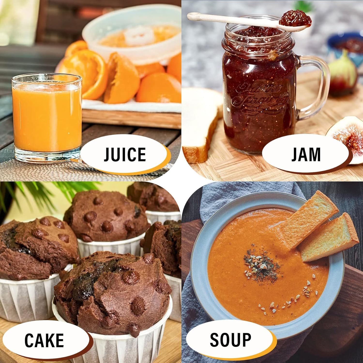 Collage showing various food items like juice, jam, cake, and soup, illustrating the versatility of the LINKChef Immersion Blender.