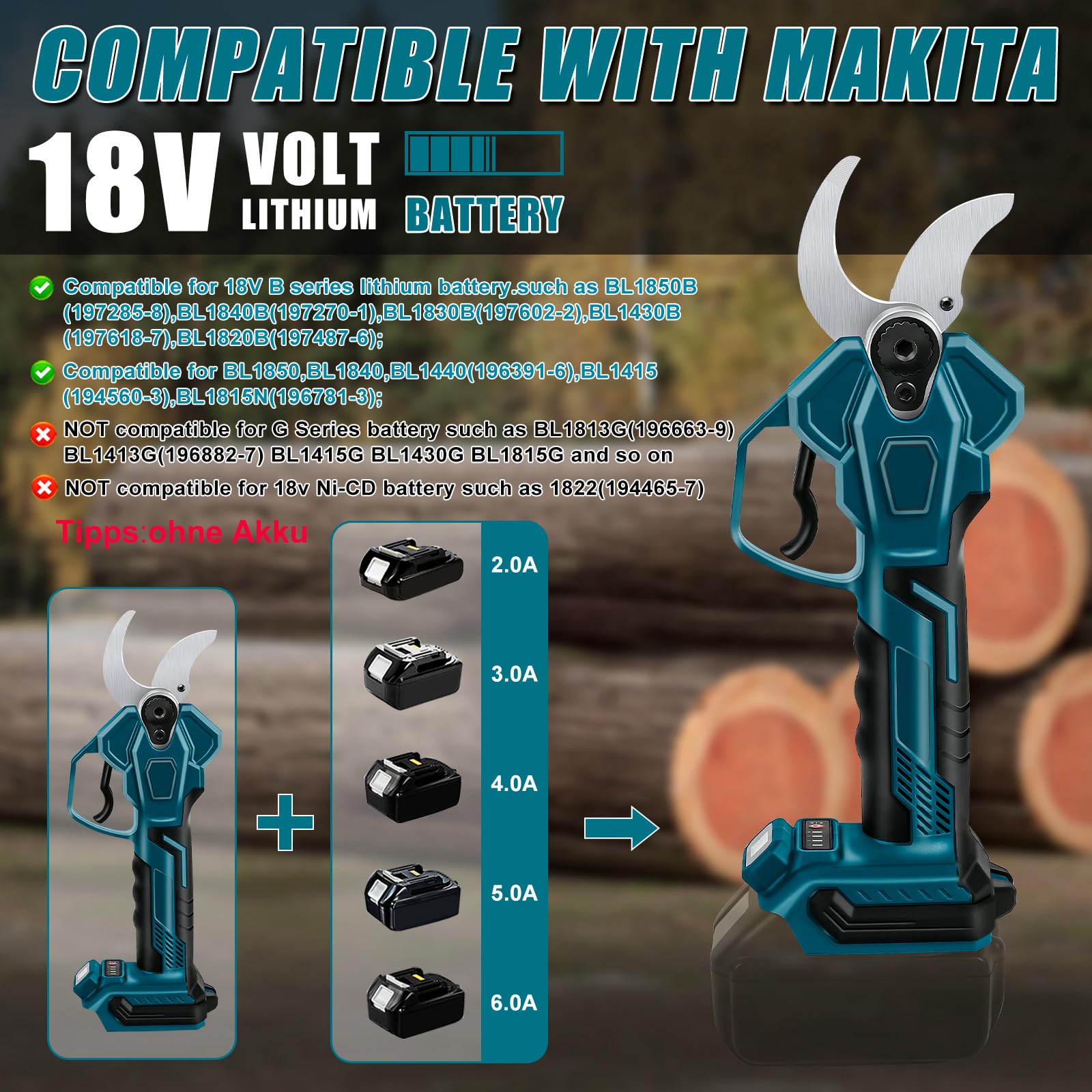 Akku Astschere Elektrische Gartenschere Drahtlose 65mm für Makita 18V Bürstenlosen Motor Elektrisch Astsäge Batterie Schere LCD zum Beschneiden von Bäumen Obstbäumen (ohne Akku und Ladegerät)
