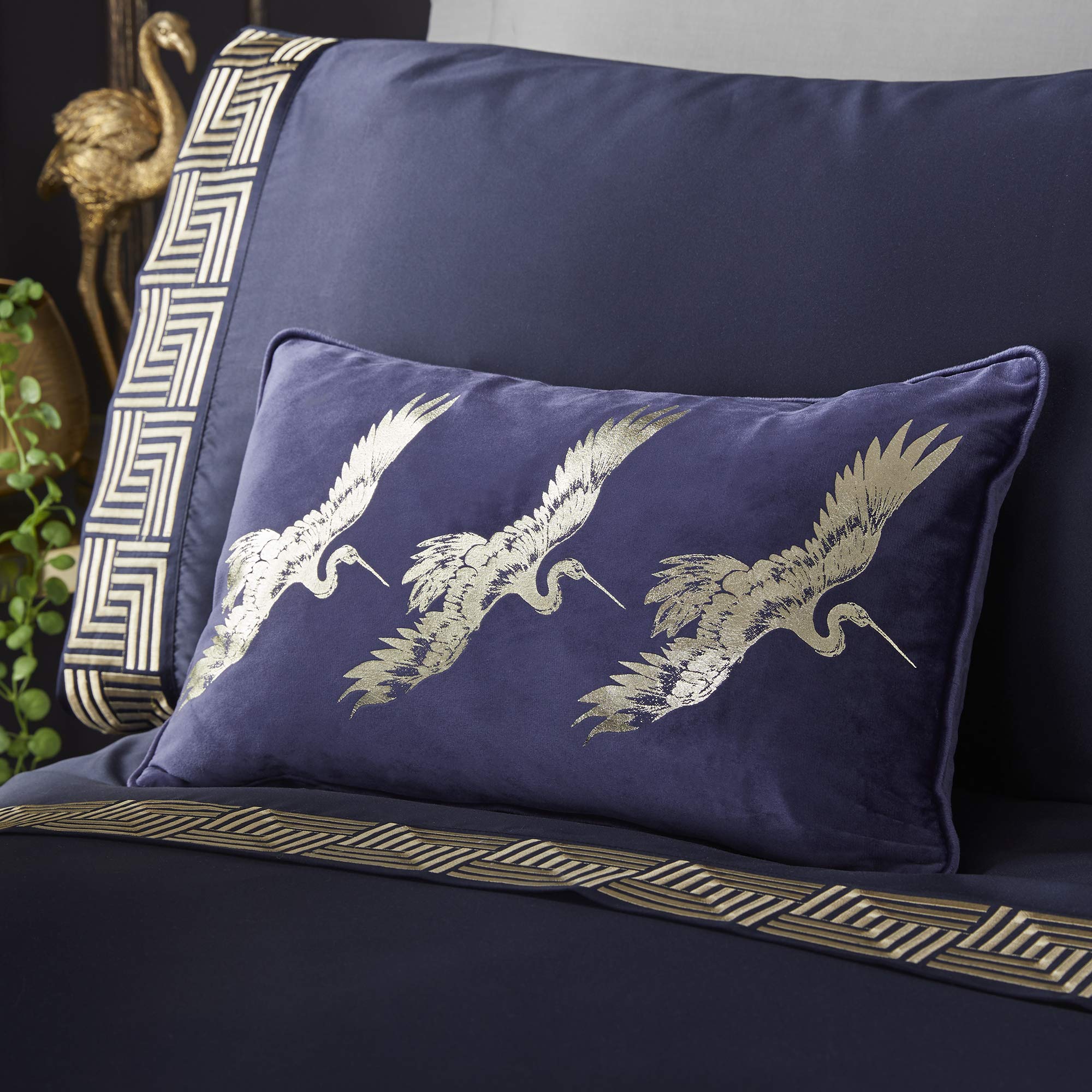 Laurence Llewelyn-BowenNavy Blue Velvet Cushion - 28 x 48cm - Filling Included - Chinese Oriental Cushion with Crane Bird - Luxury Blue Filled - Qing Collection