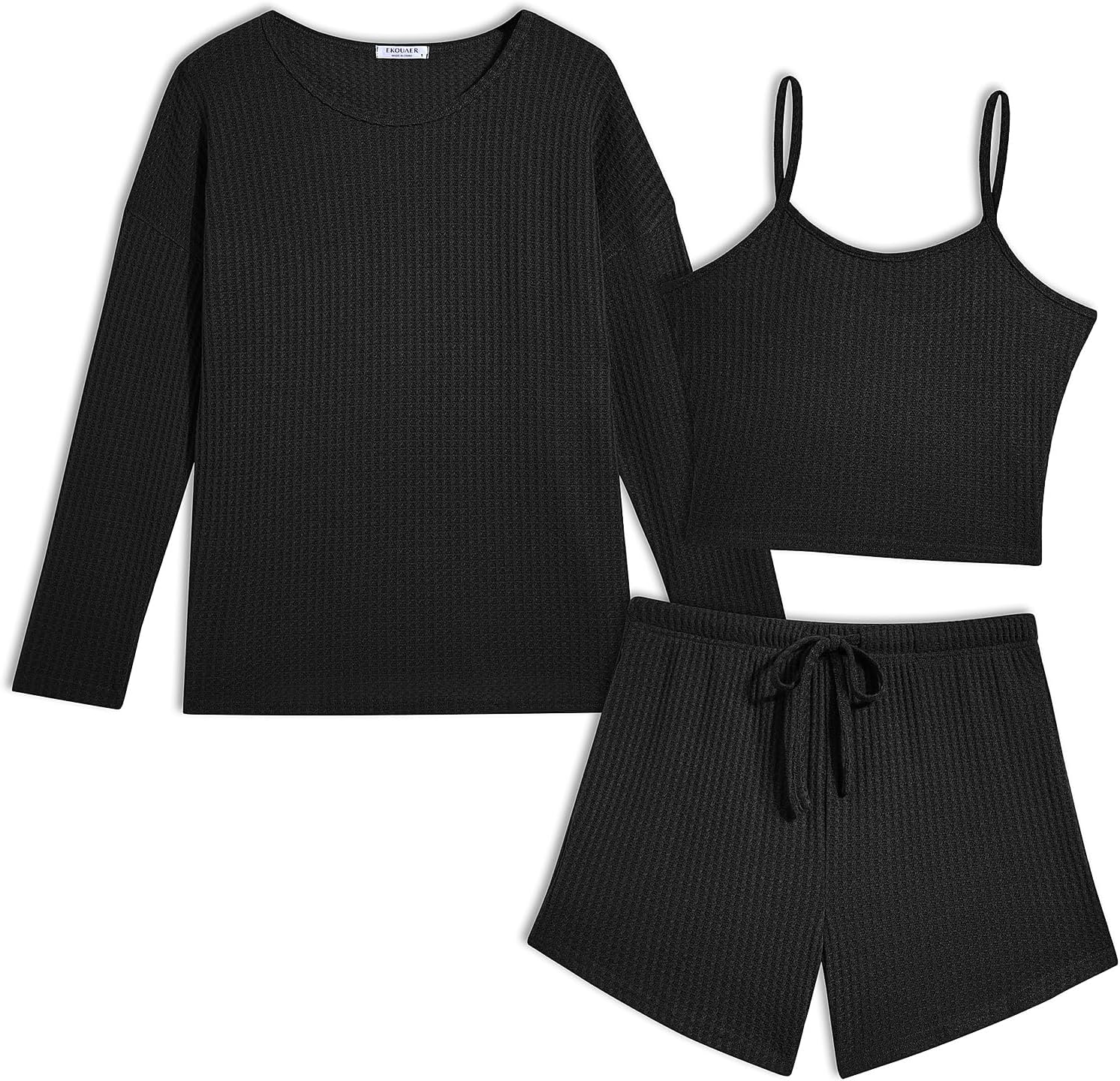 Ekouaer 3 Piece Waffle Knit Lounge Set for Women, Long Sleeve and Cami Top with Shorts Pajama Sets for All Seasons