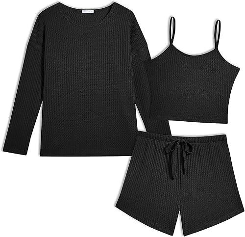 Ekouaer 3 Piece Waffle Knit Lounge Set for Women, Long Sleeve and Cami Top with Shorts Pajama Sets for All Seasons - (color: Black, size: Large)