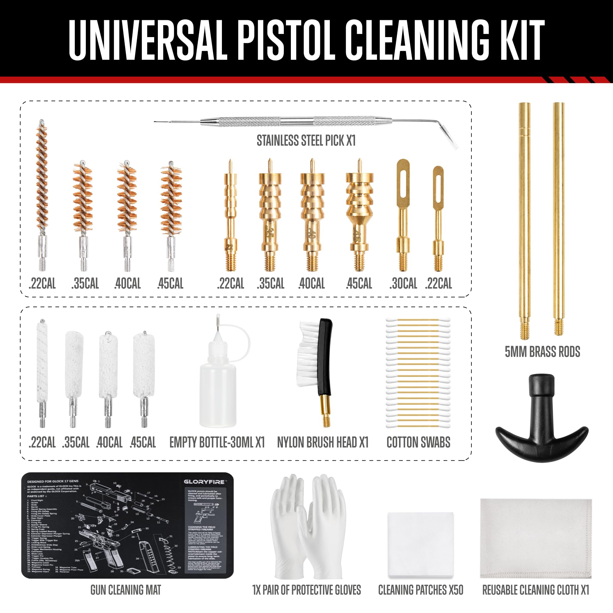 GLORYFIRE Gun Cleaning Kit Handgun Cleaning Kit Pistol Cleaning Kit .22.357/9mm.40.45 Caliber Brass Jags Tips for Hunting Shooting
