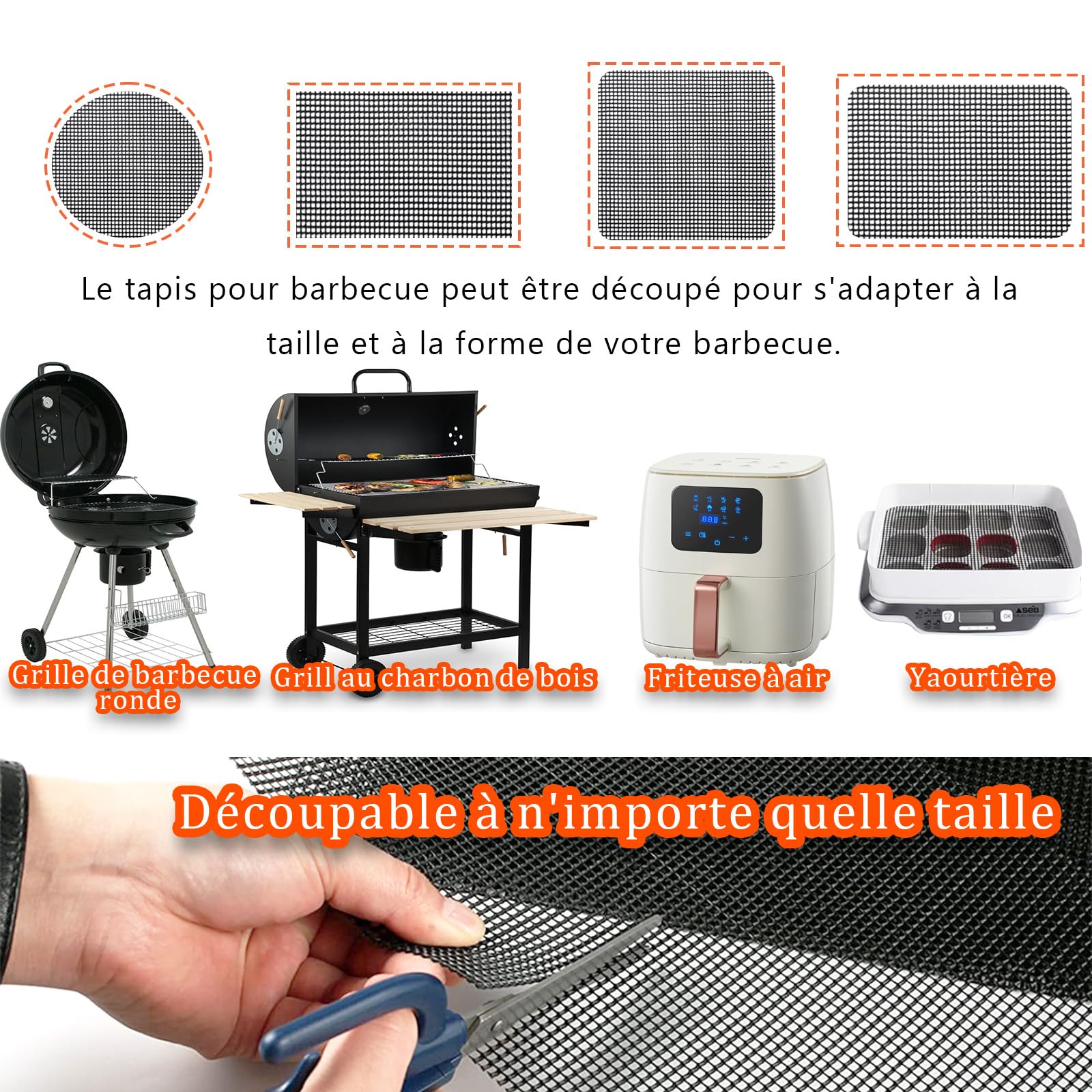 Grille Barbecue découpable 42x36 cm Tapis de Cuisson Réutilisables Anti-adhésif pour Gril électrique Gaz Charbon