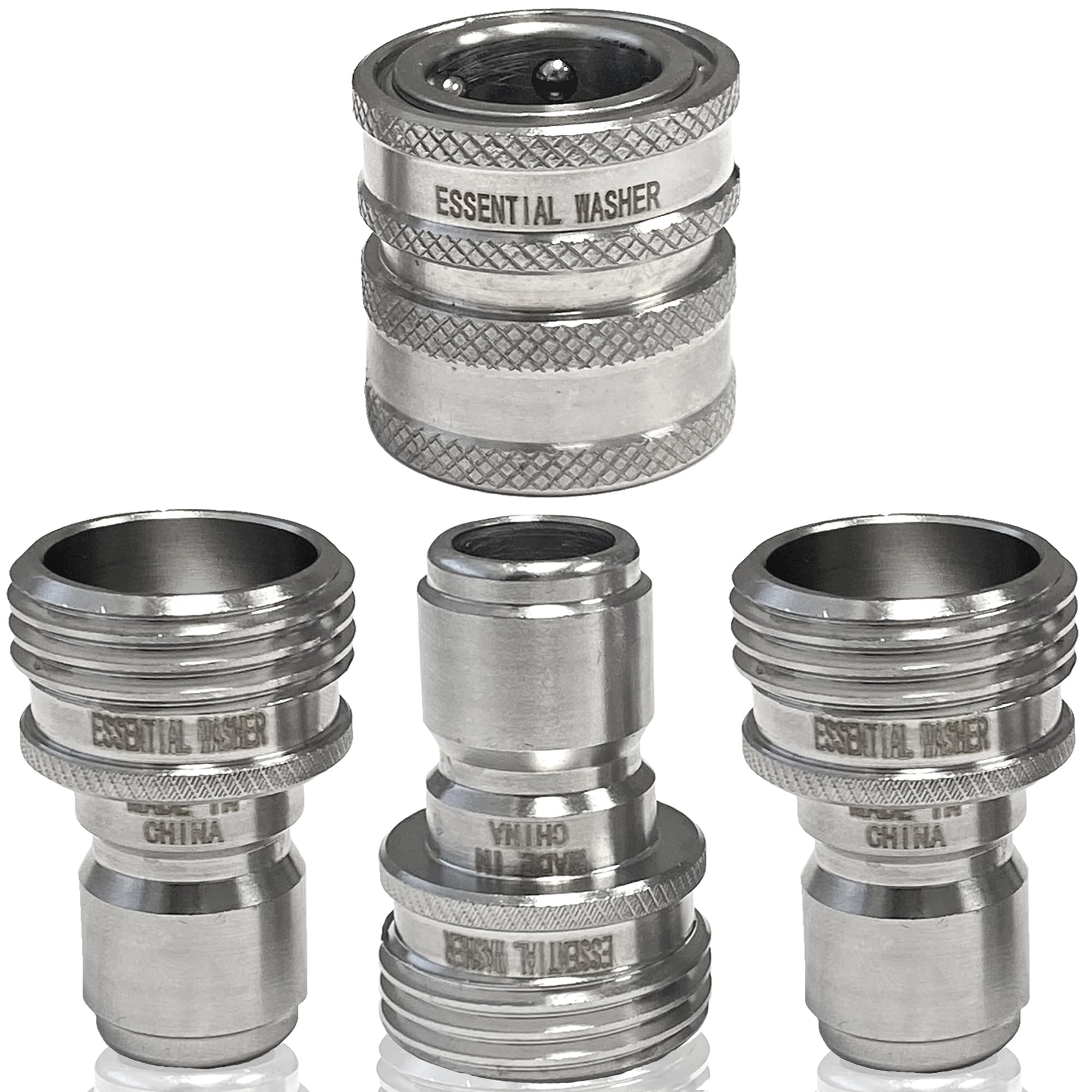 ESSENTIAL WASHER Garden Hose Quick Connect Set - Solid Stainless Steel 3/4 Inch Quick Connect Garden Hose Fittings (1-SS QC + 3-SS Plugs Set)