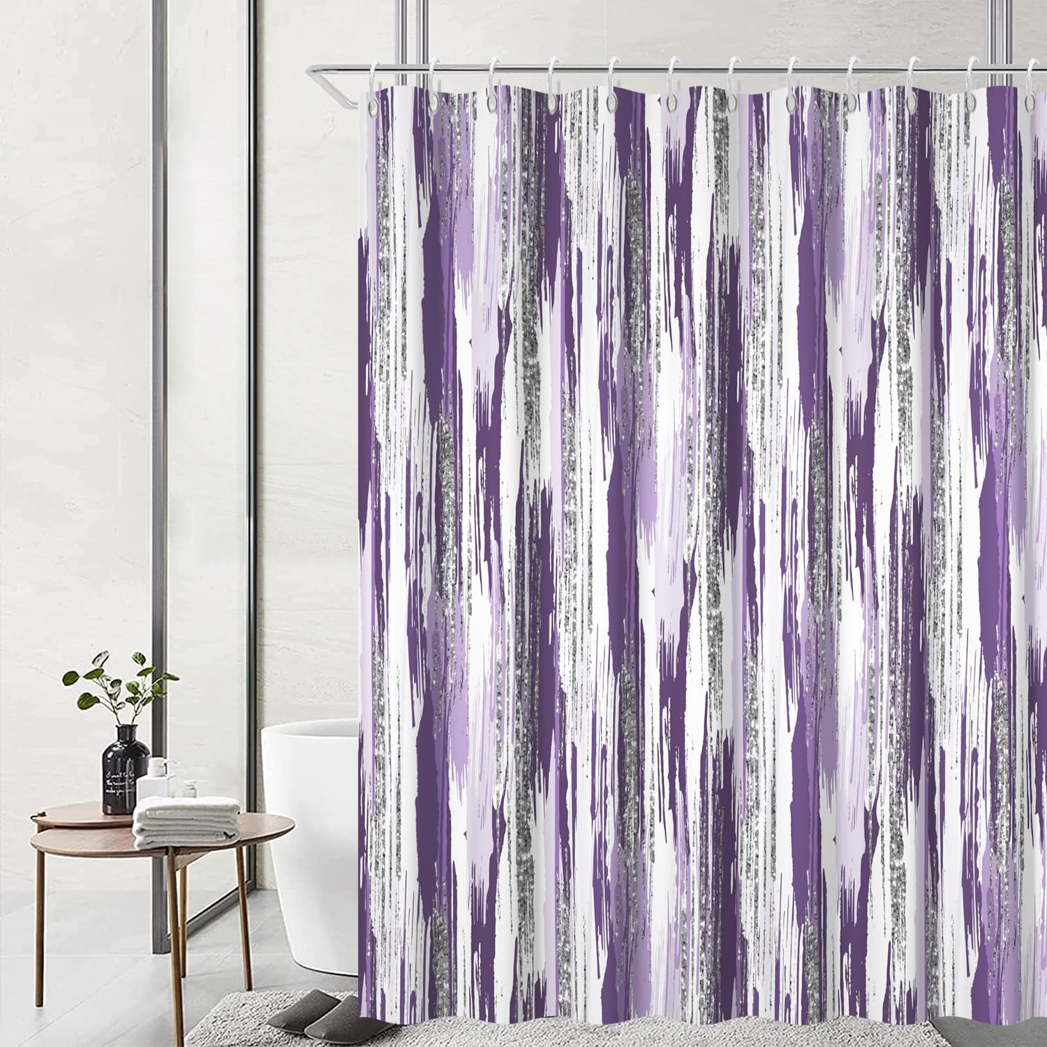 Ruelvth Purple Shower Curtain, Modern Abstract Ombre Lavender and Silver Shower Curtain Set with Hooks Waterproof Minimalist Aesthetic Bathroom