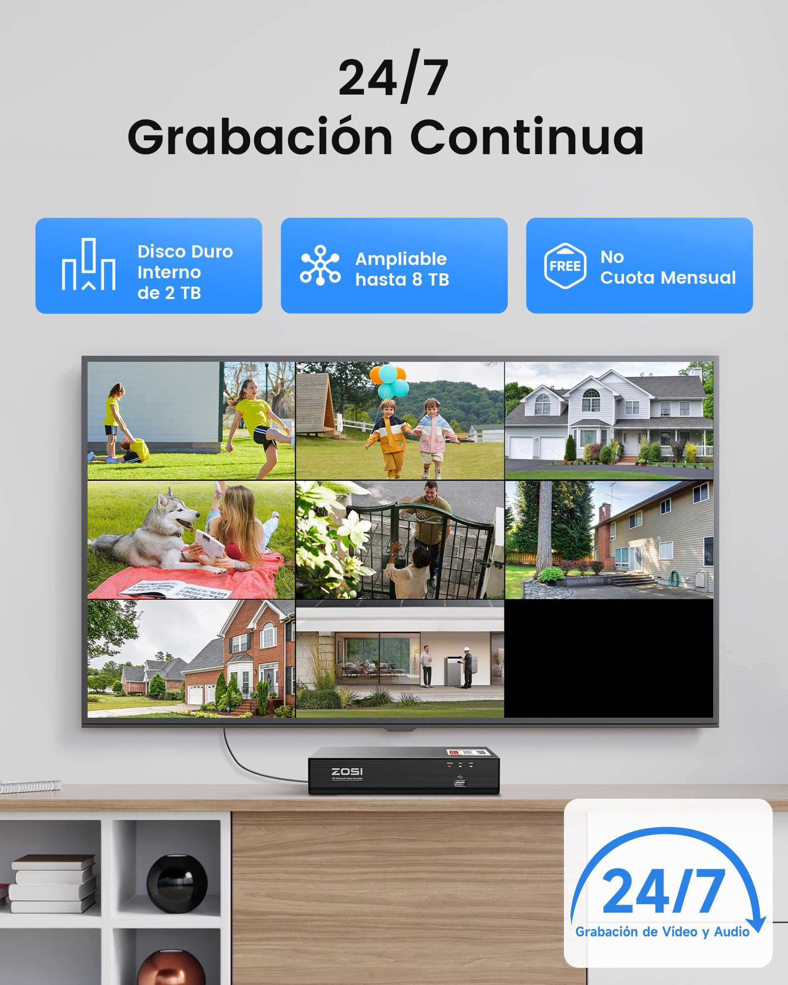 ZOSI 4K Kit Cámara de Vigilancia PoE Exterior, 8CH Grabador NVR y 2TB HDD con CCTV Cámara Seguridad, Detección y Alarma de Persona, Visión Nocturna y Grabación 24/7