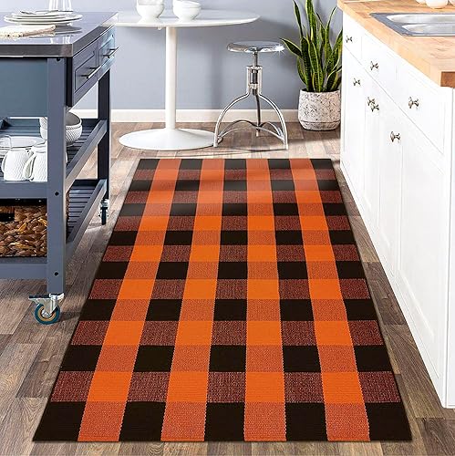 Miniatura 2 de EARTHALL - Tapete de lana cuadriculada lavable de 3 x 5 pies tapete de algodón tejido a mano reversible y plegable con diseño a cuadros para colocar