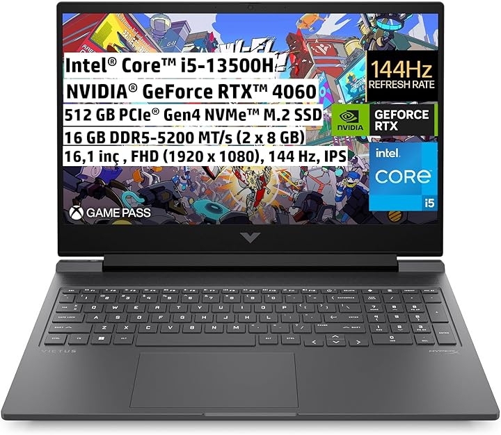 HP Victus Gaming Dizüstü Bilgisayar, 16,1 inç 144 Hz FHD IPS, Intel Core i5-13500H, 16GB Ram, NVIDIA GeForce RTX 4060 DLSS 3, 512 GB SSD, FreeDos, 7P645EA