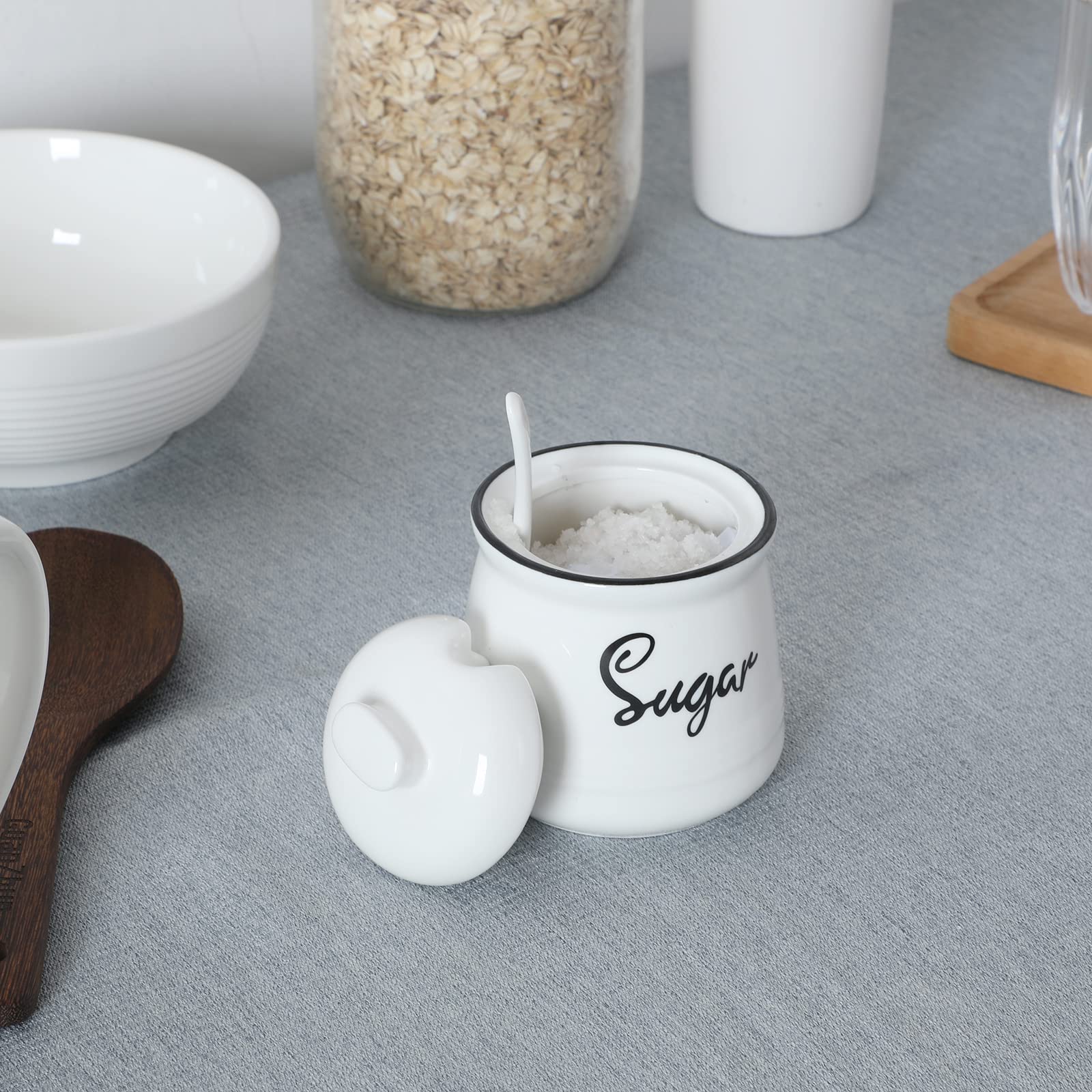 Azucarero de porcelana con tapa y cuchara, 12 onzas, fácil de limpiar (blanco)