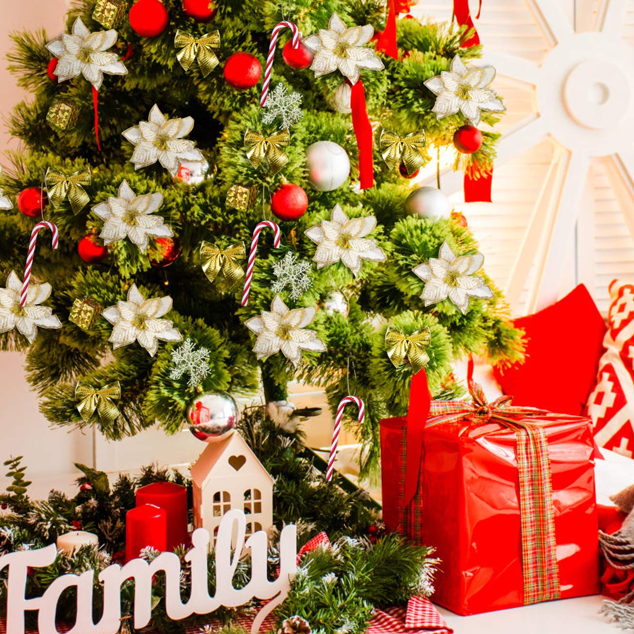 LIHAO Decorazioni Albero di Natale Oro, 133pz Addobbi Con Fiocchi di Neve, Stella, Palline e Fiori per Natale