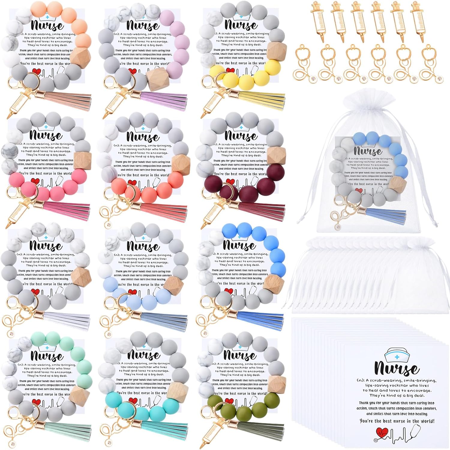 Sureio 48 Pcs Nurses Week Appreciation Gifts Bulk 2026 Nurses Beaded Wristlet Keychain Medical Staff for Healthcare (White)