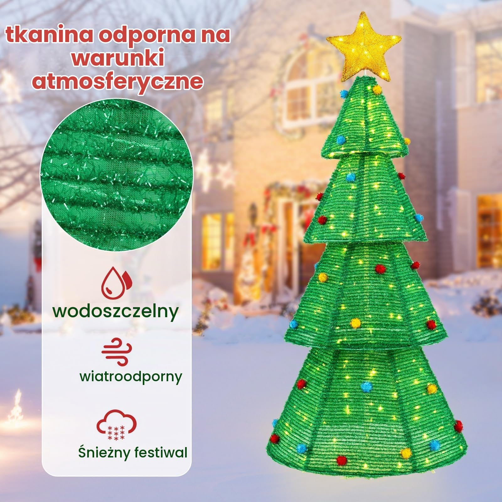 COSTWAY LED choinka, 190 cm oświetlona dekoracja bożonarodzeniowa z 200 diodami LED, dekoracja świąteczna z gwiazdą i pluszowymi kulami, oświetlenie bożonarodzeniowe do wnętrz i na zewnątrz