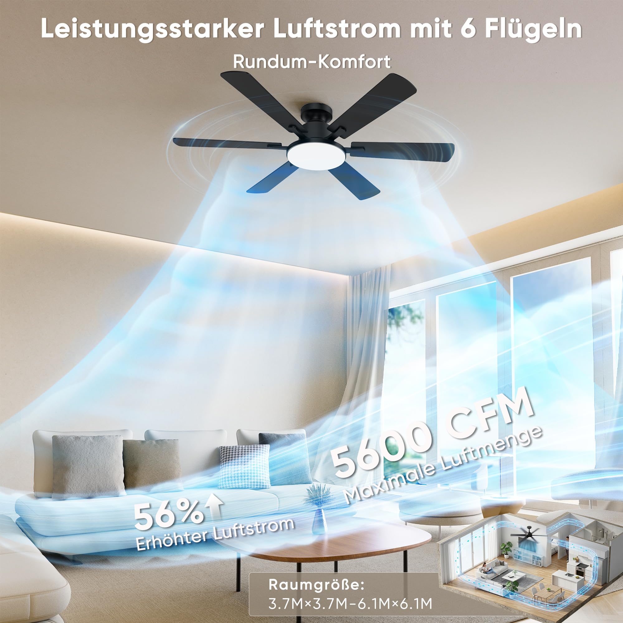 ROTTOGOON Deckenventilator mit Beleuchtung 132cm Leise Reversible DC Motor | Deckenventilator mit licht und fernbedienung, 6 Flügel 6 Gänge, 3CCT, Doppelseitige Flügel für Schlafzimmer Wohnzimmer