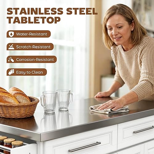 Miniatura 3 de HOMCOM Carro de isla de cocina rodante con ruedas, isla portátil para cocina con parte superior de acero inoxidable, estantes ajustables, 2 cajones,