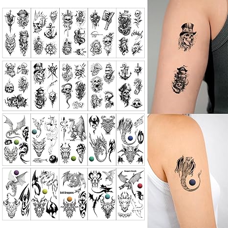 Pirate Skull Temporary Tattoo for Women Men, Black Wings Dragon Tattoos, Skeleton Anchor Fake Tattoos, Waterproof Realistic Black Viking Tribal Totem Tattoo for Adults Body Art Decor Stickers 769