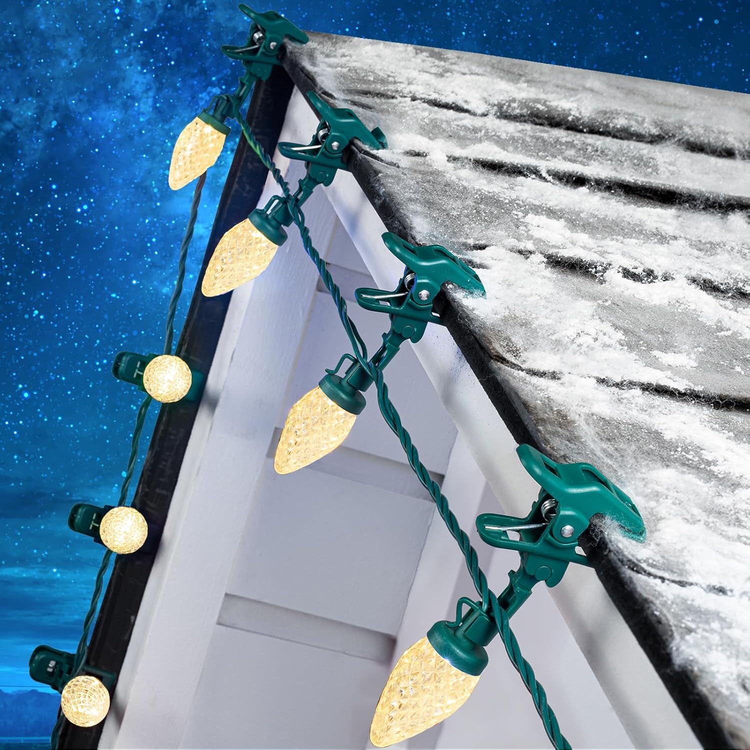 C9 LED Christmas Lights Outdoor with 100 Spring Clips, 100ft 100 LED Waterproof Strawberry String Lights, Commercial Grade Extendable Perfect for Roofline Patio House Xmas Decor, Warm White
