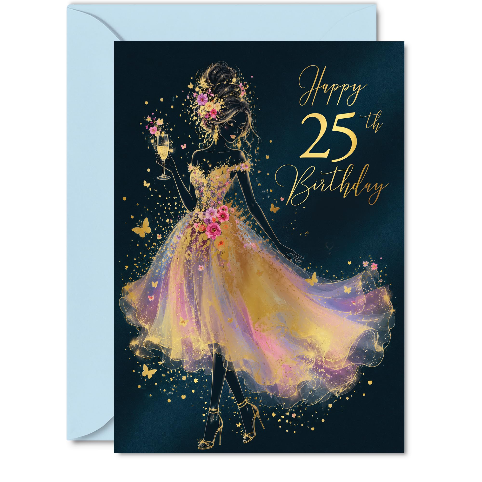 Milestone 25th Birthday Card - Raise a Glass to 25 Years - Glamorous Woman Silhouette with Gold Sparkles and Butterflies - 5X7 Inch, Envelope Included