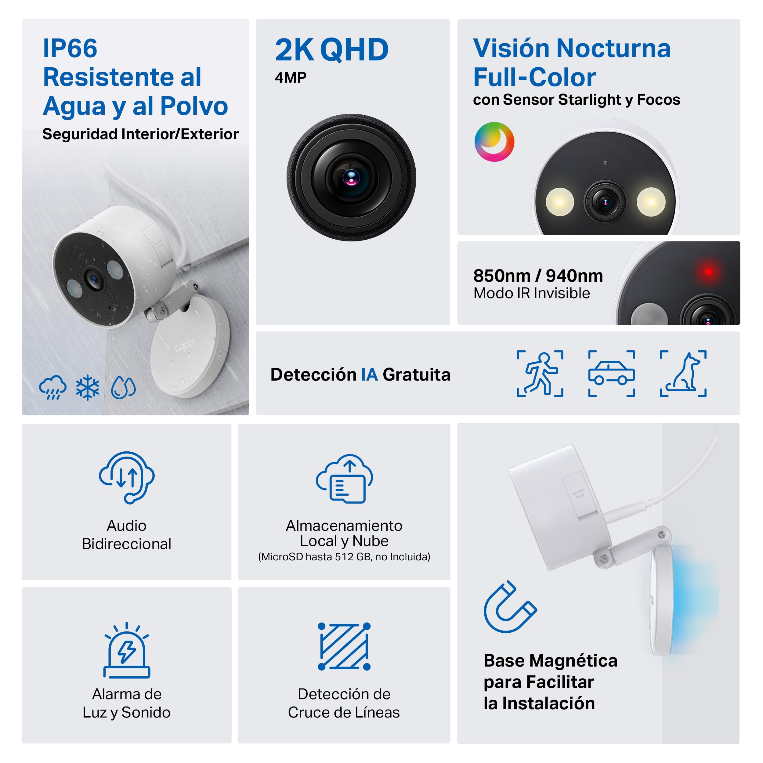 Tapo C120-2K 4MP Cámara de vigilancia para Interior y Exterior, Base magnética,focos duales, Admite Tarjeta SD de hasta 512 GB, IP66, Compatible con Alexa y Google Assistant