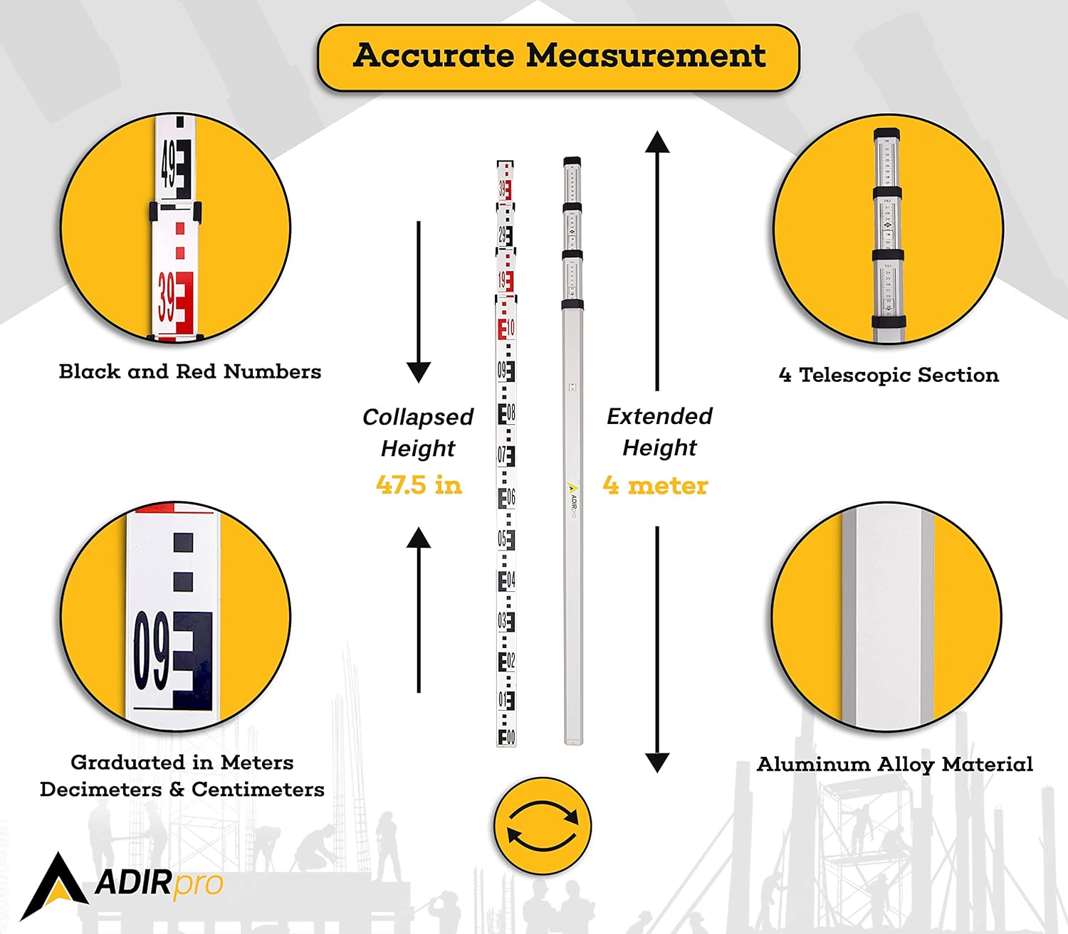 AdirPro 4-Meter Aluminum Grade Rod – Metric, Dual Sided 4-Section Telescopic Leveling Rod – Bubble Level and Soft Carrying Case Included