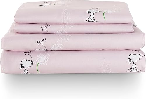 Berkshire Blanket Peanuts - Juego de sábanas para niños, tamaño matrimonial, 4 piezas, Peanuts Snoopy Make A Wish Sheet Scale Spring Pink, Juego de