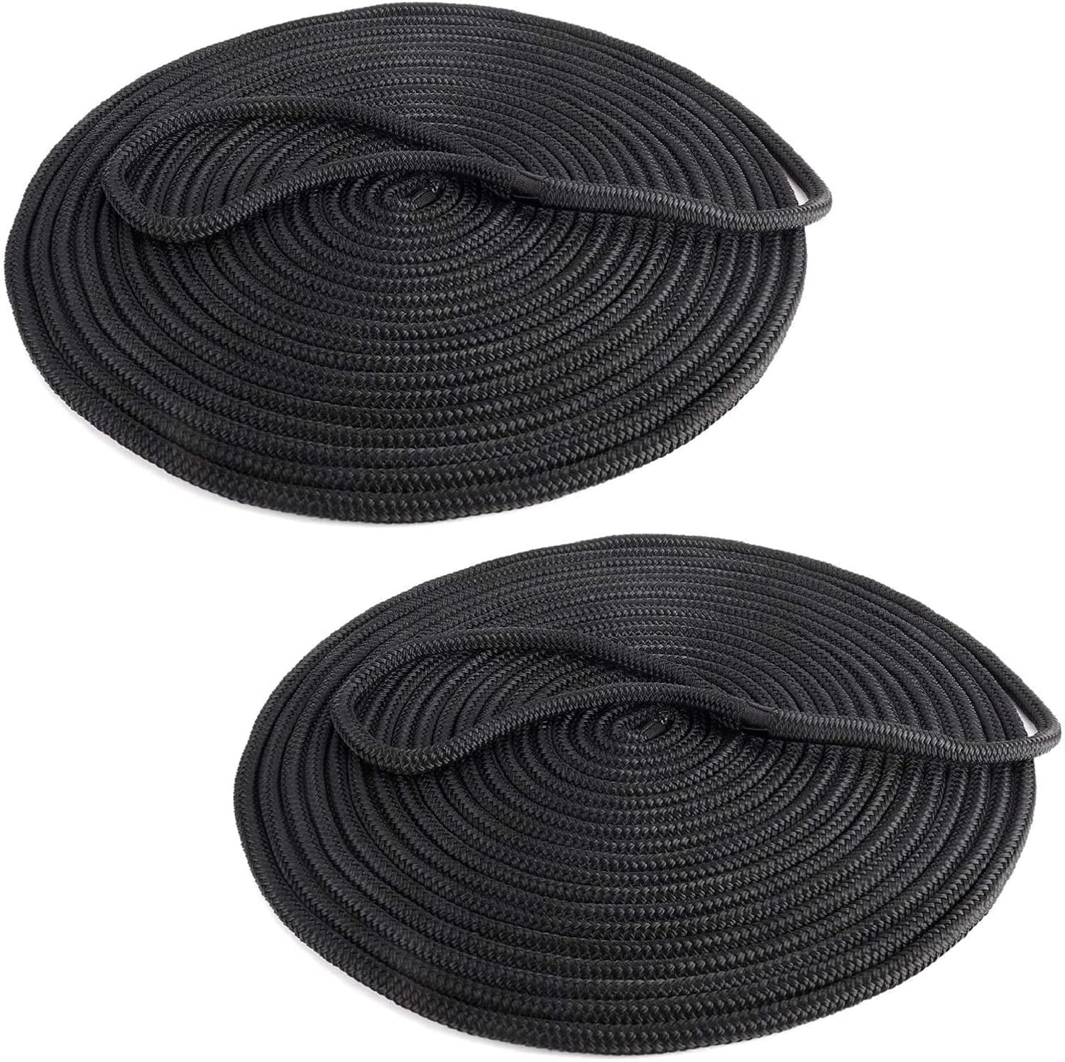 YaeMarine 2-Pack 1/2 Inch x 50ft Double Braid Nylon Dockline Dock Line Mooring Rope Marine Boat Dock Lines with 12" Loop Black