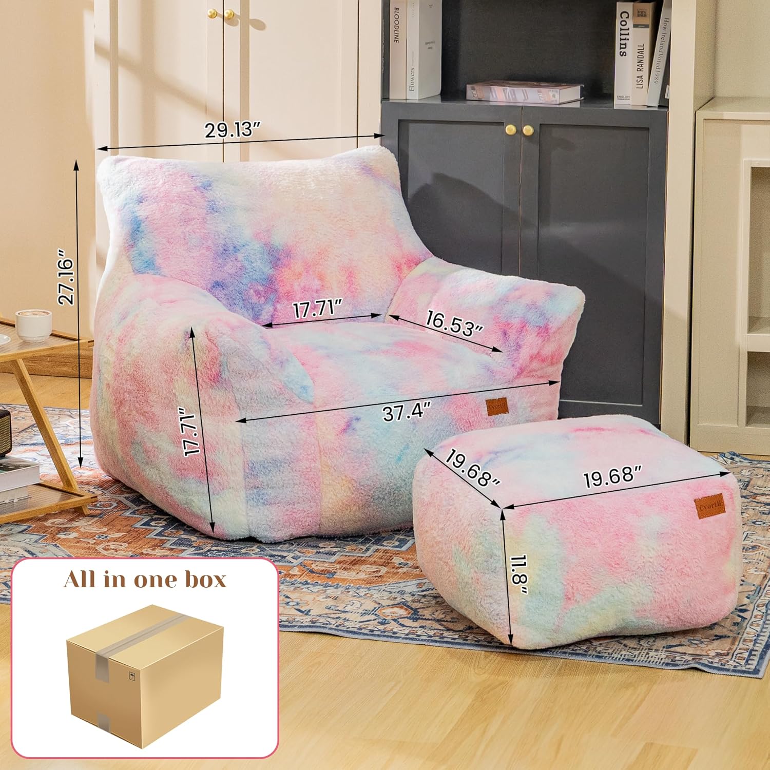 Bean Bag Chair with Ottoman, Soft Fluffy Faux Fur Beanbag Chairs for Adults with Armrest and Memory Foam Fille, Lazy BeanBag Sofa with Footstool for Living Room, Bedroom, Apartment