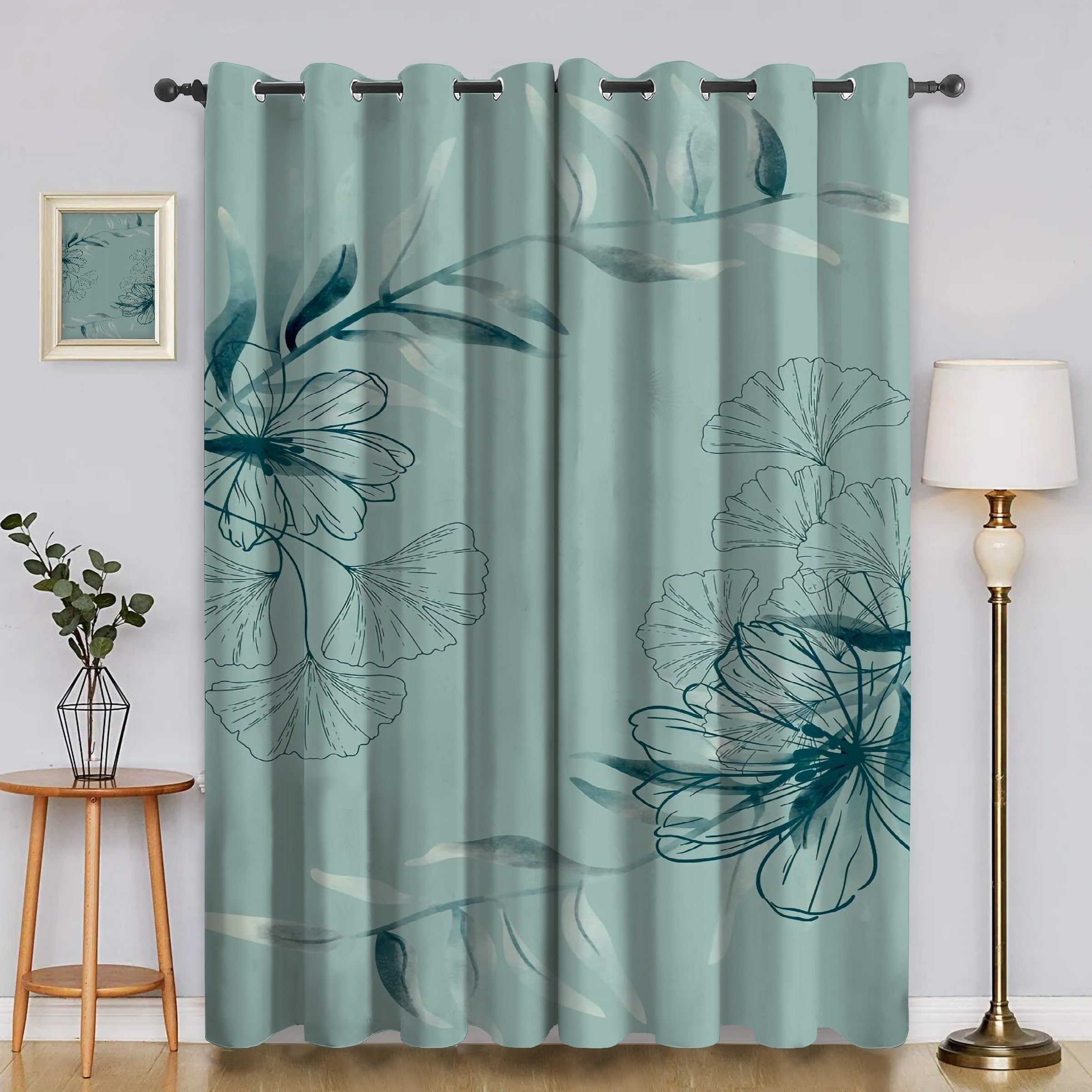 Duck Egg Blue Ginkgo Biloba Blackout Curtains, Leaf Curtains for Bedroom Living Room, Thermal Insulated Eyelet Window Curtain, Decorative Patterned Window Treatments, 90x90 Inch, 2 Panels &D65
