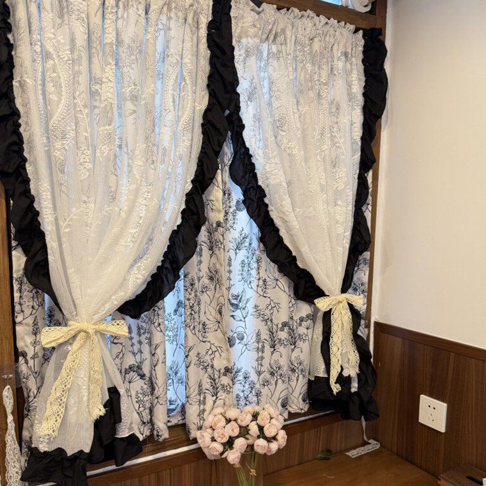 ZZYK White Lace Waterfall Window Valance with Lace,Floral Printed Kitchen Curtains Semi Sheer Double Layers White Valance for Bedroom Living Room Basement,Paste,79" W x 71" L